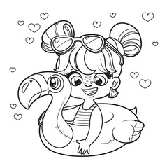 Cute cartoon girl in a swimsuit and with an flamingo inflatable ring for swimming coloring page on white background