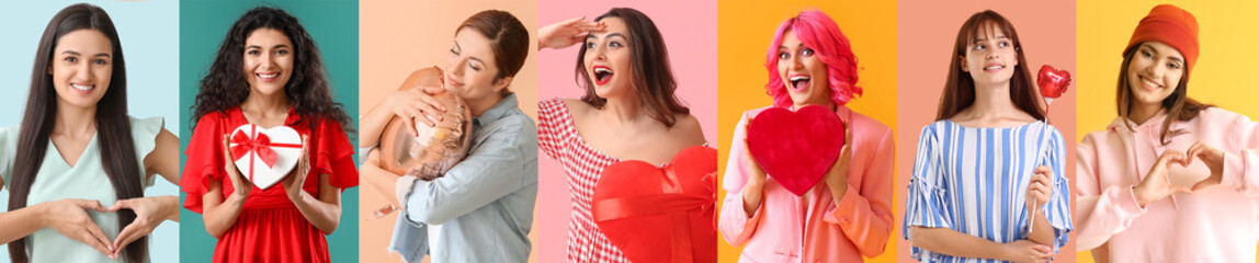 Happy woman hugging balloon on color background