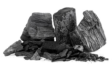 Natural hardwood charcoal or traditional charcoal isolated on a white background