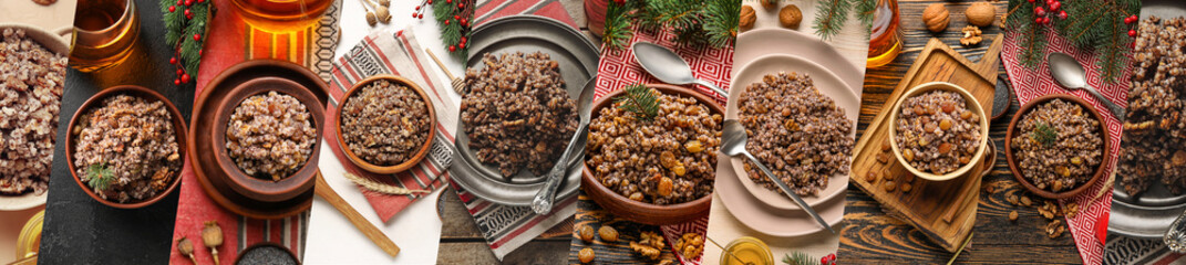 Collage of traditional kutya dish on table, top view