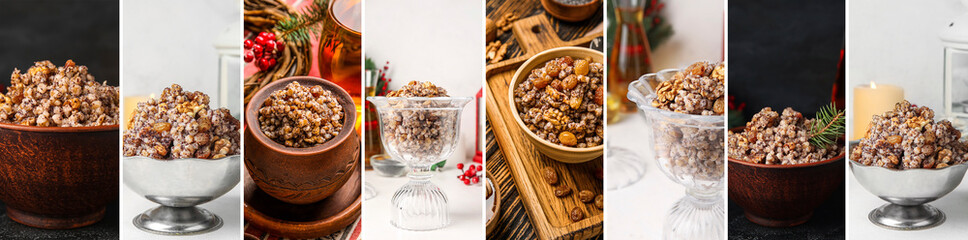 Collage of Christmas kutya dish on table