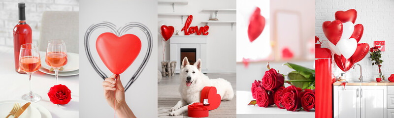 Festive collage with heart shaped balloons, red roses, tasty wine, dog with wedding ring and gifts...