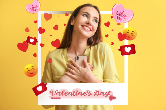 Happy young female blogger with mobile phone on yellow background. Valentine's Day celebration