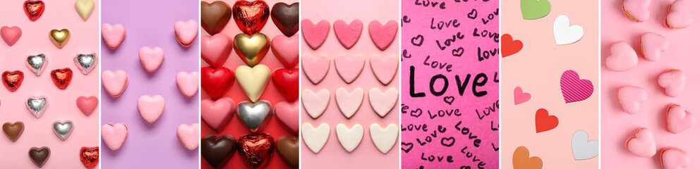 Festive collage for Valentine's Day celebration with hearts on color background
