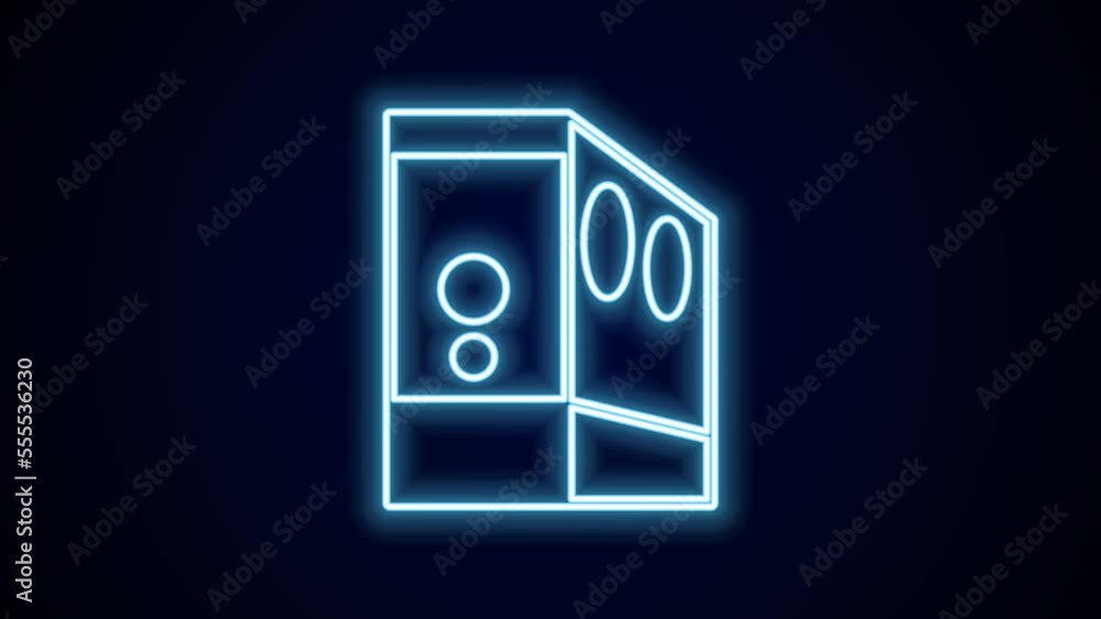 Poster glowing neon line case of computer icon isolated on black background. computer server. workstation. 
