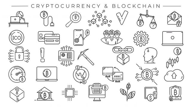 Cryptocurrency and Blockchain collection of line icons on the alpha channel.
