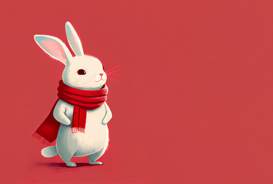 Cute rabbit with red scarf cartoon character on pastel background image created with Generative AI technology.