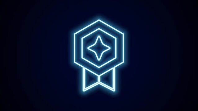 Glowing neon line Game rating with medal icon isolated on black background. Level results for game. 4K Video motion graphic animation