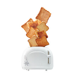 Roasted toast bread popping up of toaster isolated on white