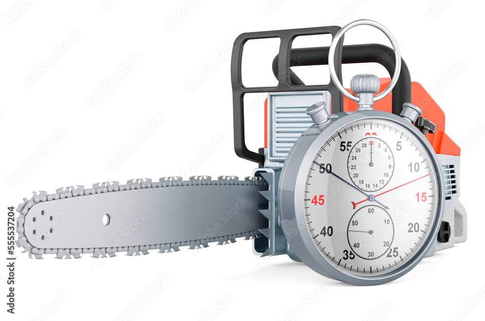 Poster chainsaw with stopwatch, 3d rendering