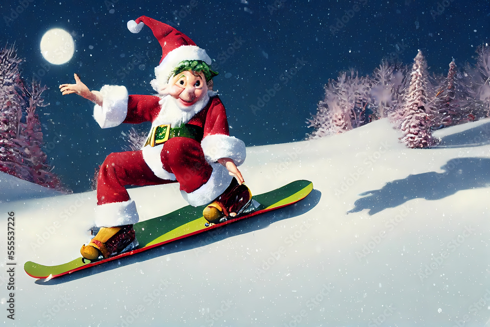 Wall mural cute elf going snowboarding - generative ai