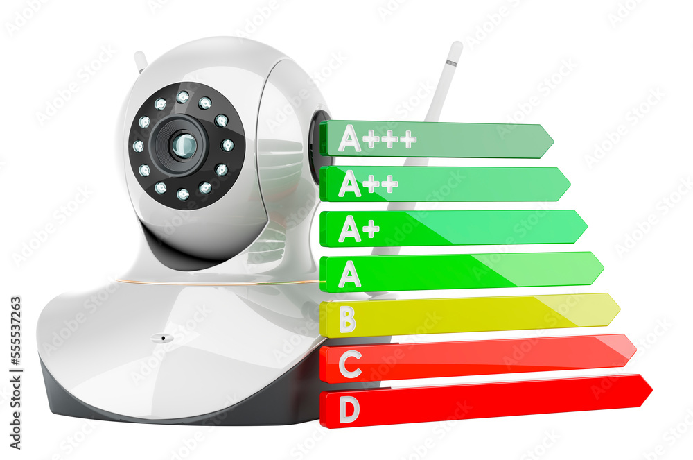 Poster internet protocol camera with energy efficiency chart, 3d rendering