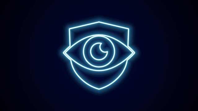 Glowing neon line Shield and eye icon isolated on black background. Security, safety, protection, privacy concept. 4K Video motion graphic animation