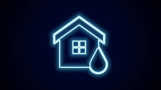 Glowing neon line House flood icon isolated on black background. Home flooding under water. Insurance concept. Security, safety, protection, protect concept. 4K Video motion graphic animation
