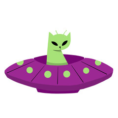 cat alien fly with ufo illustration