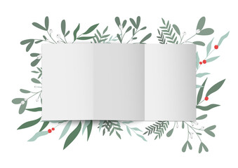 Świąteczna kompozycja zrobiona z kartki papieru, jemioły, zielonych gałązek i czerwonych jagód. List do Świętego Mikołaja albo kartka na Boże Narodzenie. Widok z góry - flat lay. - obrazy, fototapety, plakaty