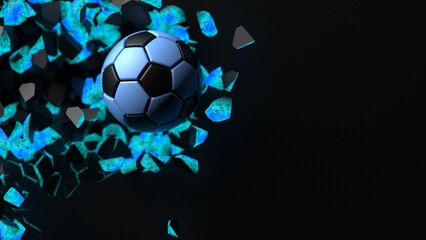 Black-blue soccer ball breaking with great force through black-blue illuminated wall under spot light background. 3D high quality rendering. 3D illustration. 3D CG.