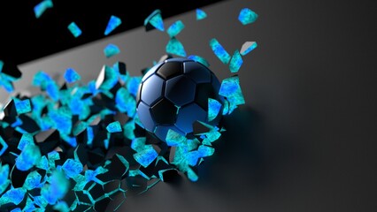 Black-blue soccer ball breaking with great force through black-blue illuminated wall under spot light background. 3D high quality rendering. 3D illustration. 3D CG.