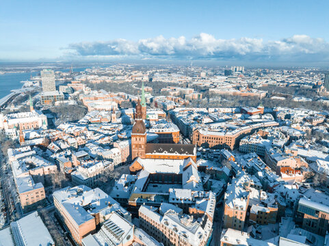 Aerial view of the winter Riga old town - the capital of Latvia. Beautiful winter over Riga. © ingusk