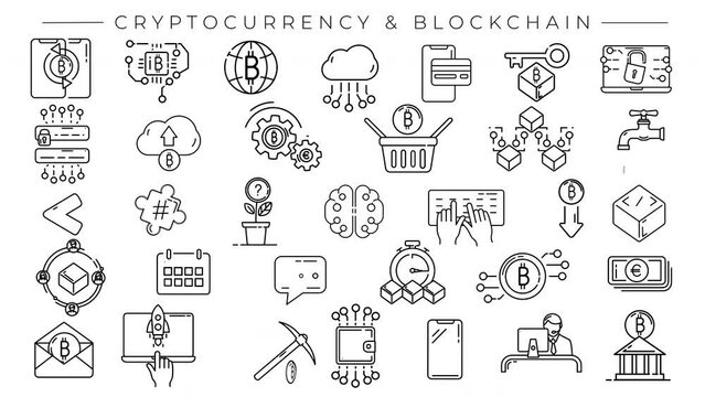 Cryptocurrency and Blockchain set of line icons on the alpha channel.