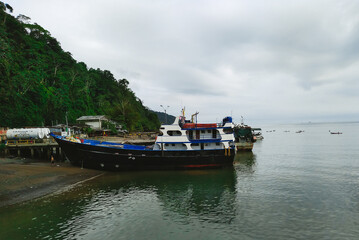 Fototapeta na wymiar barco de pesca y transporte anclado en el puerto en dia nublado
