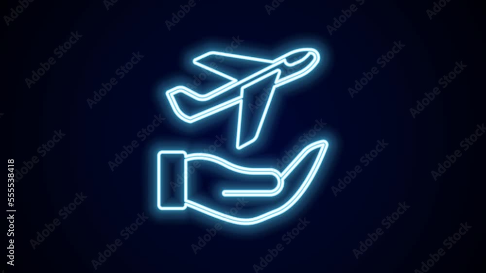 Poster glowing neon line plane in hand icon isolated on black background. flying airplane. airliner insuran