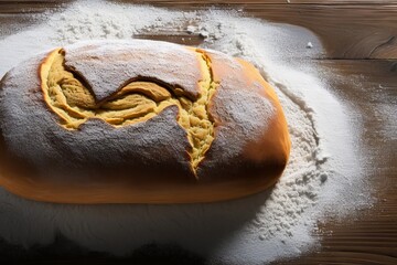 a loaf of rustic whole-grain bread with white flour on the loaf and top, viewed from above. generative AI