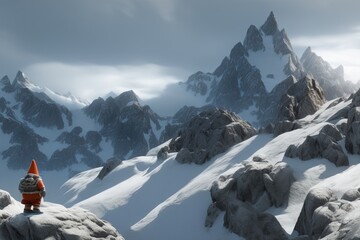 a gnome dressed in red is climbing a snowy mountain, landscape of rocks and snow. Generative AI