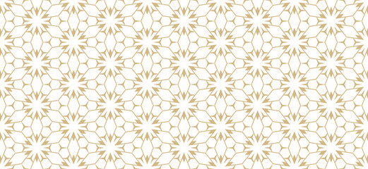 Vector golden abstract geometric seamless pattern. Gold and white lines texture, elegant floral lattice, mesh, grid. Oriental traditional luxury background. Asian ornament, repeat tiles, modern design