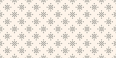 Simple monochrome vector seamless pattern with small diamond shapes, stars, rhombuses, dots. Simple black and white ornament texture. Abstract minimalist geometric background. Repeat modern design