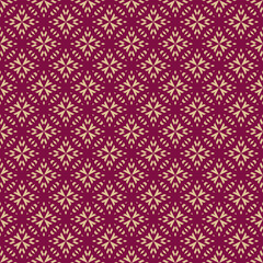 Golden vector geometric ornament in ethnic style. Elegant abstract ornamental seamless pattern. Simple gold and dark red background texture with floral shapes, snowflakes, tiles. Repeat luxury design