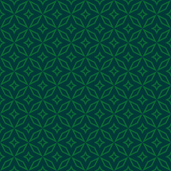 Vector geometric seamless pattern in abstract style. Elegant dark green ornament texture with lines, floral shapes, stars, grid, diamonds, repeat tiles. Abstract ornamental background. Subtle design
