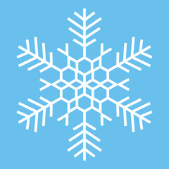 Vector snowflake icon. Simple linear geometric snow sign. White illustration on blue background. Winter snowflake silhouette. Christmas and New Year holidays theme graphic element. Modern design