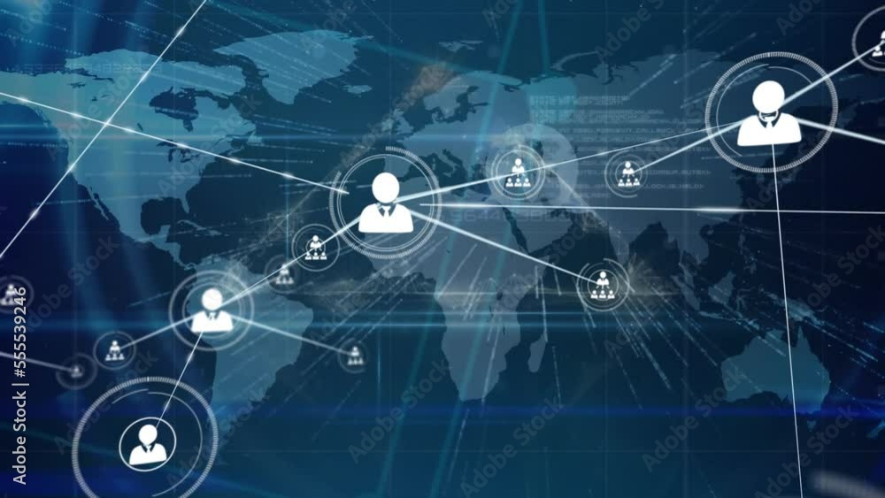 Poster animation of network of connections with icons over globe