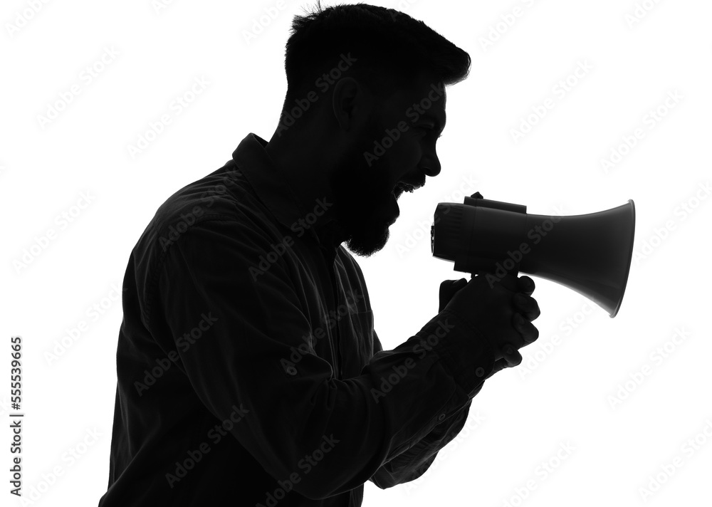 Sticker Silhouette of young man shouting into megaphone on white background