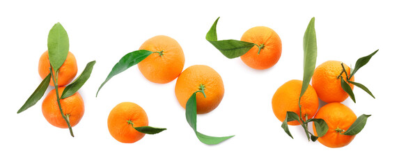 Set with fresh ripe tangerines on white background, top view. Banner design