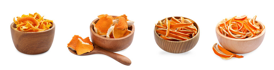 Collage with dry orange peels in bowls on white background, banner design