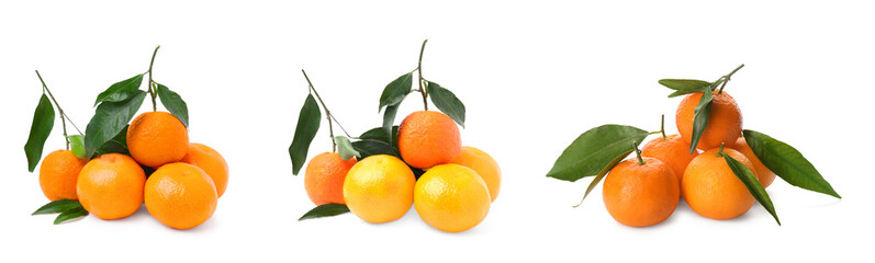 Set with fresh ripe tangerines on white background. Banner design