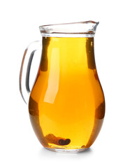 Glass jug of fresh apple juice on white background