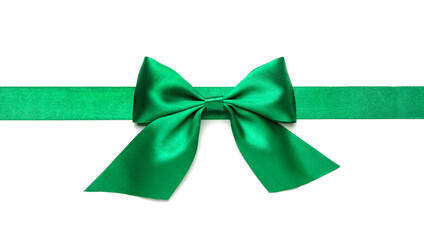 Green ribbon with beautiful bow on white background