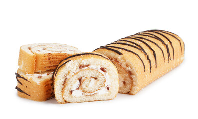 Cut sponge cake roll on white background