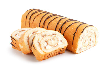 Cut sponge cake roll on white background