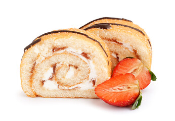 Pieces of tasty sponge cake roll and strawberry on white background