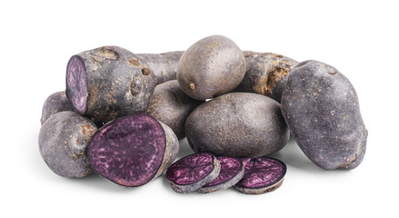 Heap of raw purple potatoes on white background