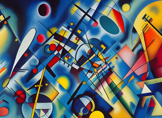 Modern geometric abstract artwork based on a dynamic technology them with bold colors in a blue background. generative ai