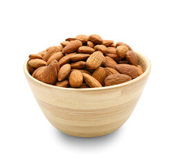 Wooden bowl of tasty almonds on white background