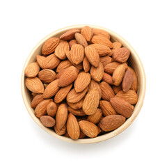 Bowl of tasty almonds on white background