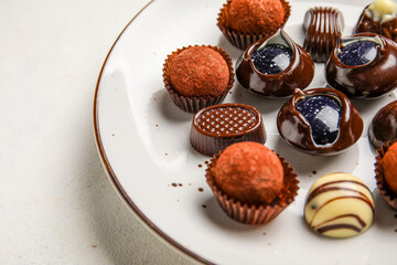 Plate with chocolate candies on white background, closeup
