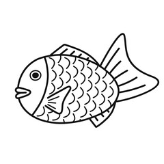 Taiyaki. Japanese fish-shaped cake with filling from bean paste. Traditional dessert. Asian sweet food. Doodle sketch style. Vector illustration isolated on white background.