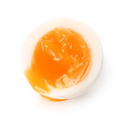 Sliced soft boiled egg on white background